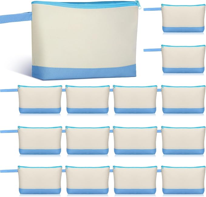 Silkfly 15 Pcs Cotton Canvas Makeup Bags Cosmetic Zipper Bags 10.2 x 5.5 x 2'' Blank DIY Pouch Bulk Pencil Case with Bottom Travel Toiletry Pouch for Women Craft Decor Gift (Beige and Light Blue) by Silkfly