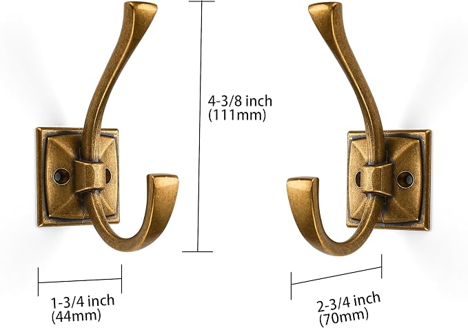 Large Wall Hooks 5 Pack Antique Brass Coat Hooks Hardware Towel Hooks for Hanging Coats 4.35 Inch Double Robe Hooks Wall Mounted with Screws for Key, Towel, Bags, Cup, Hat - Image 2