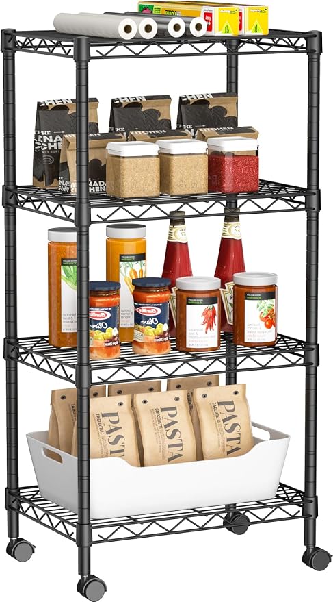 Golpart Small 4 Tier Shelves Storage Wire Shelving Unit Metal Shelf Adjustable Organizers Storage Shelving with Wheels for Bathroom Laundry Room Kitchen Pantry11.7”D x 17.7”W x 44.8”H Black by Golpart