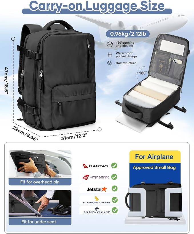 Large Travel Backpack Women Carry On Hiking Backpack Waterproof Outdoor Sports Casual Daypack Personal item Travel Bag Airplane Essentials Spirit Airline Flight Approved Shoes Compartment Men,Black - Image 2