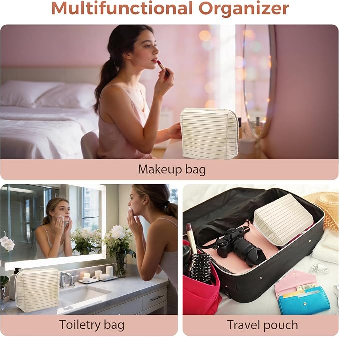 Travel Makeup Organizer Bag with Fold-Down Design and Adjustable Dividers, 27 Pockets & 3 Brush Storage Holders, Large Capacity Cosmetic Bags Toiletry Case (White, Large) - Image 6