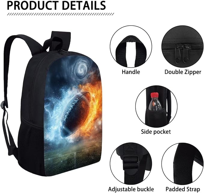 Flame Water Football Print Lightweight Schoolbag Set, Girls School Large Bookbag Set, Middle Students Backpack with Lunch Box, Boys Knapsack Set Durable, Suitable for School or Travel - Image 4