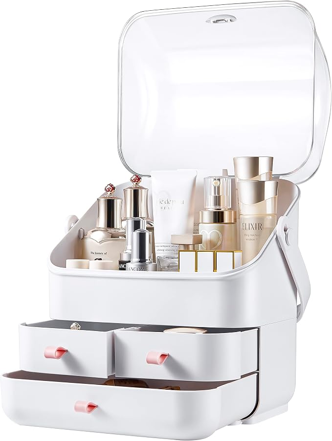 SUNFICON Makeup Organizer Cosmetic Organizer Makeup Storage Holder Box Crystal Clear Lid w Handheld 3 Drawers Dustproof Waterproof for Vanity Bathroom Countertop Birthday - Image 3