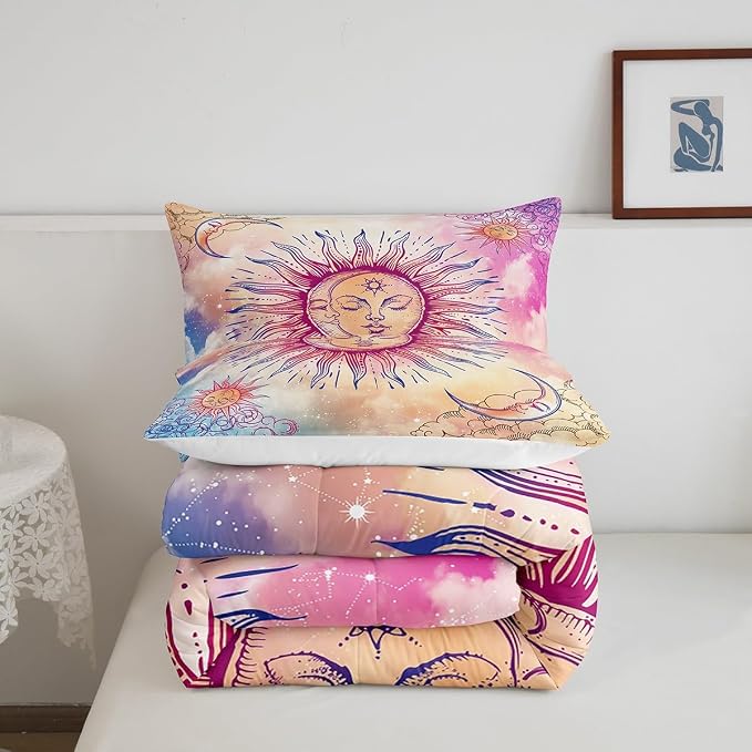 Sun and Moon Comforter Set King Stars Constellation Galaxy Bedding Set,Pink Blue Pastel Clouds Tie Dye Comforter for Kids Girls Women Boho Hippie Psychedelic Celestial Astrology Quilt Duvet Set 3 Pcs - Image 5