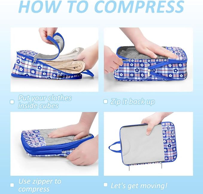 Geometric Flower Compression Packing Cubes for Travel (7 Piece) | Tear-Resistant, Separate Shoe Compartment, Travel Essential Organizer Bags for Clothes, Shoes & Toiletries, Red Blue Black - Image 3