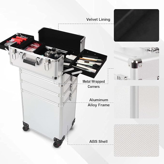 4 in 1 Rolling Makeup Train Case, Large Storage Cosmetic Trolley Makeup Travel Case with Key & Wheels Salon Barber Case Traveling Cart Trunk (SILVER) - Image 7