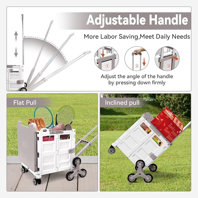 Foldable Utility Cart Portable Crate Rolling Dolly with Telescopic Handle,Can be Pulled diagonally, Magnetic Retractable Lid, 360°Swivel Climbing Wheels for Shopping Carrying Groceries Move White - Image 3