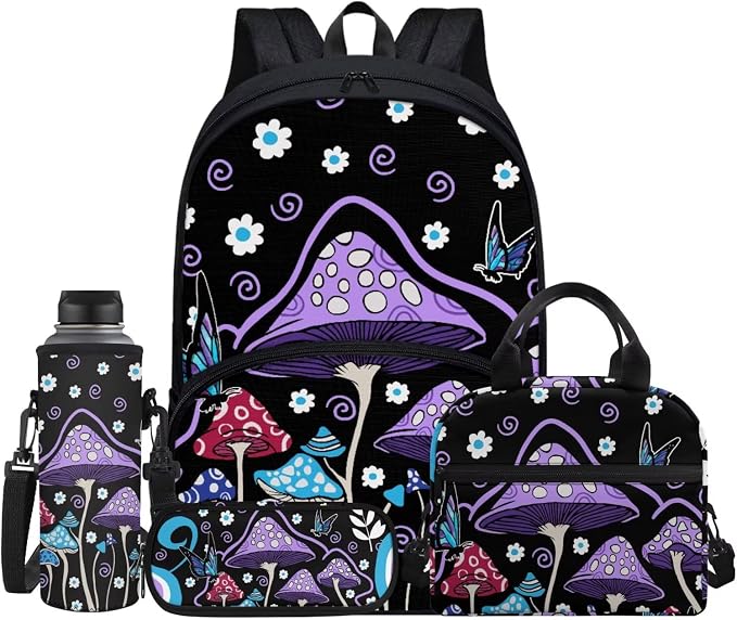 Mushroom Backp 4 Pcs Purple Mushroom Hippie Flower School Bag Set with Lunch Box Water Bottle Bag Pencil Case Durable Casual Travel Ruckpack for Boys Girls Kids Teens by FUIBENG