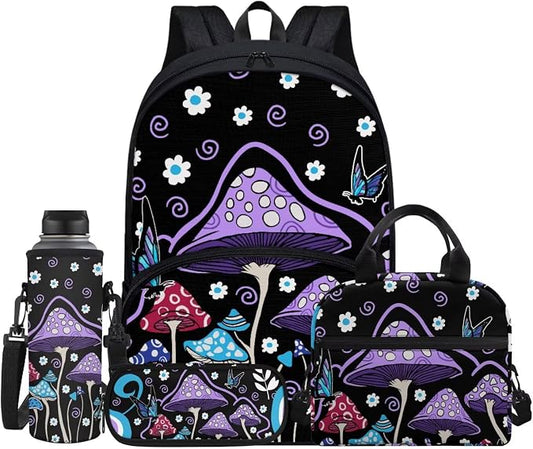 Mushroom Backp 4 Pcs Purple Mushroom Hippie Flower School Bag Set with Lunch Box Water Bottle Bag Pencil Case Durable Casual Travel Ruckpack for Boys Girls Kids Teens by FUIBENG