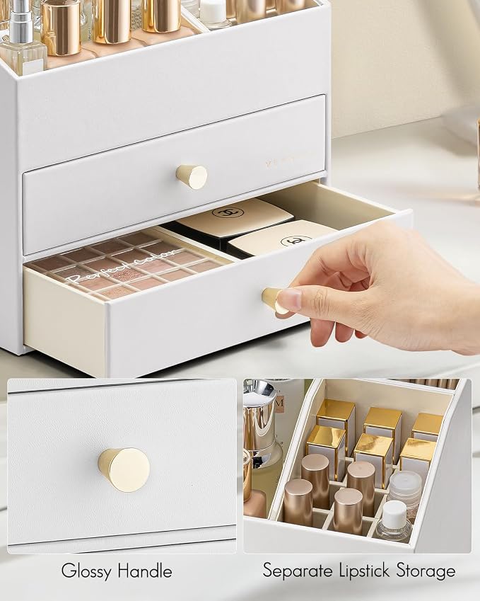 VLANDO Makeup Organizer for Vanity,Large Capacity Countertop Organizer with Drawers, PU Leather Cosmetic Display Case for Lipstick,Brushes,Skincare,Nail polish and Bedroom Storage (White) - Image 3