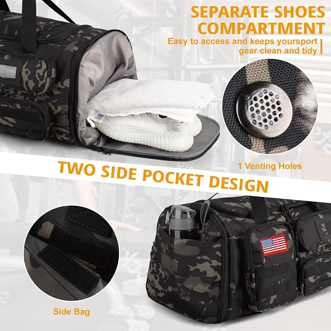 Expandable Gym Bag For Men,Tactical Large 3 in 1 Sports Duffle Bag With Shoes Compartment,Water Resistant Sports Gym Tote Bags Multi-functional Weekend Travel Backpack Overnight Bag - Image 5