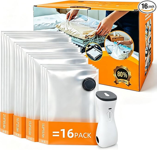 16 Pack Vacuum Bags for Travel with pump Vacuum Storage bags for clothing | Rechargeable Inflation & Deflation Dual Use Reusable Space Saver Bags cordless travel vacuum bag set for Luggage and Suitcase by Unknown