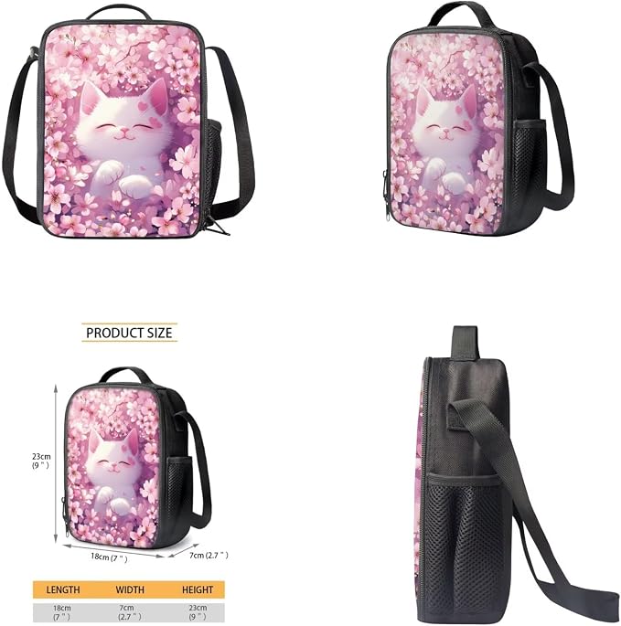 Cherry Blossom Cat Backpack for School Girls Backpack with Lunch Box Water Bottle Carrier and Large Pencil Case 4PCS Set Lightweight Bookbag with Front Pocket 17" Sturdy School Bag for Kids - Image 4
