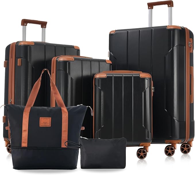 6 Piece Luggage Set Hard Shell - Black Brown Expandable Suitcases with Spinner Wheels and Duffel Bags for Family Travel, Durable Carry On Luggage Sets with Lock for Women and Men by Unknown