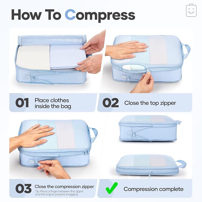 Veken 11 Set Compression Packing Cubes Garment Bags for Travel Essentials,Compressible Expandable Luggage Organizer Bags for Clothing,Space Saver Bags with Over 1000 pcs of Mesh Holes(Light Blue) - Image 3
