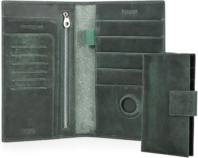 CONTACTS Full Grain Leather RFID Blocking Family Passport Holder for 4 Passport Wallet Compatible with Airtag Travel Passport Cover with 4 Passport Slot, 6 Card Slot (Green) by CONTACTS