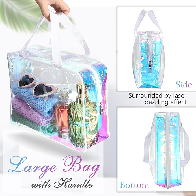 Sweetude 10 Pcs Large Clear Toiletry Bag with Handle Large Capacity Travel Iridescent Beach Makeup Bag PVC Clear Plastic Tote Punch Cosmetic Clothes Storage Organizer for Women Men (White) - Image 2