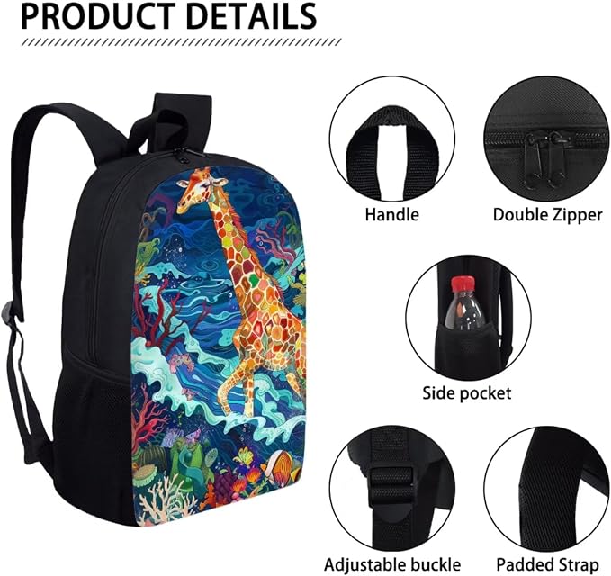 17 Inch Animal Print School Backpack And Lunch Box Set for Kids Lightweight Sea Grass Giraffe Backpack for Boys Girls Sturdy School Bag with Insulated Lunchbox Pencil Case Student Bookbag - Image 4