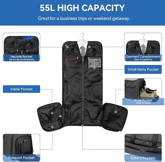 Bukere Garment Bags for Travel, Convertible Carry on Duffel Bag for Men Women, Backpack Straps, Shoe Compartment, 3 in 1 Hanging Dress Suit Bags for Men Women - Image 2