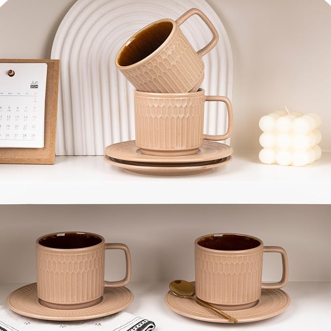 8oz Cappuccino Cups with Saucers Set of 4, 8 Ounce Stackable Embossed Ceramic Coffee Mugs for Specialty Coffee Drinks, Latte Mugs, Cafe Mocha and Tea, Dishwasher & Microwave Safe (Brown) - Image 7
