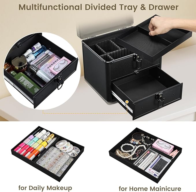 Faquenc Makeup Case with Drawer, Detachable Lighted LED Mirror, Makeup Organizer Box Travel Make up Vanity Case Portable Cosmetic Train Case for MUA Lockable Makeup Suitcase with Adjustable Dividers - Image 3