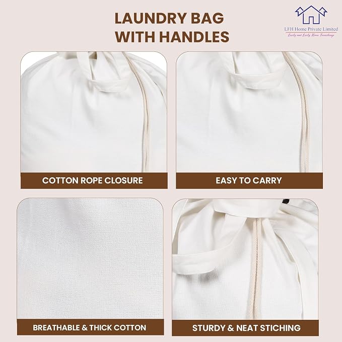LFH Home Cotton Rich Large Laundry Bag with Handle, Heavy Duty Drawstring Closure Washable Laundry Bags, School Travel, Home, Hotel, College Dorm, Organizer Sack, Toy Clothes 20x30 (Pack of 4)-White - Image 3