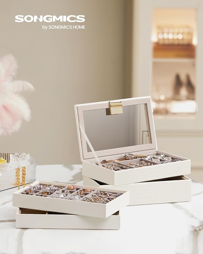 SONGMICS GISELLA Collection - Stackable Jewelry Trays, 4-Tier Jewelry Box, Drawer Jewelry Organizer, with Glass Lid, Removable Dividers, 6.7 x 11 x 7.2 Inches, Gift Idea, Cloud White UJBC164W01 - Image 2