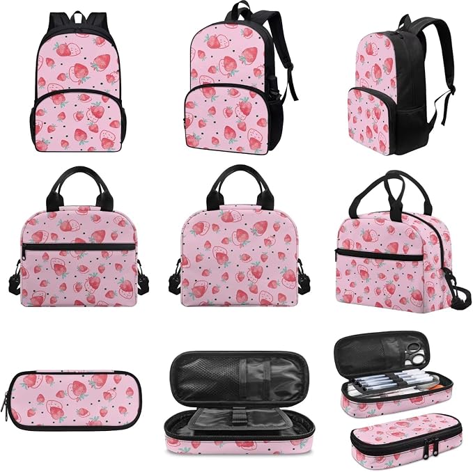 Pink Strawberry Backpack Set for Girls Kids Lightweight Cute School Backpack with Lunch Box Pencil Case Adjustable Strap Padded Book Bag Insulated Lunch Bag - Image 3