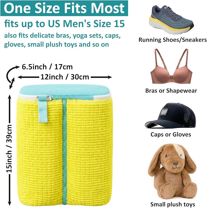 Dual Compartment Shoe Washing Machine Bag, Heavy-Duty Sneaker Laundry Bags with Clasp-Lock Zipper, Thick Chenille & Reinforced Seams for Maximum Protection, Yellow/Blue, 2-Pack - Image 3