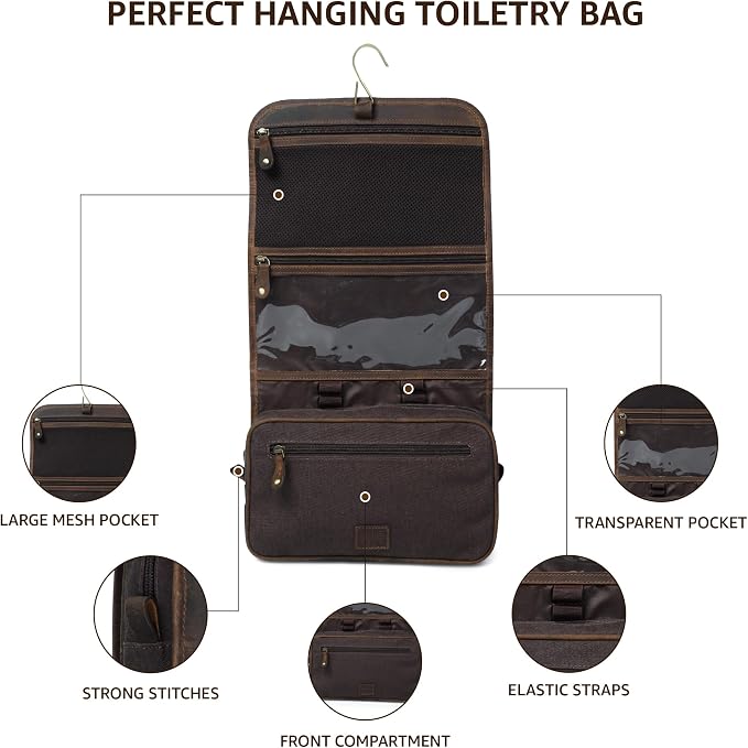 LEATHER VILLAGE Hanging Genuine Leather Toiletry Bag for Men & Women with Waterproof Lining – Handcrafted Vintage Travel Dopp Kit, Shaving Organizer & Shower Bathroom Essentials Case - Brown - Image 4