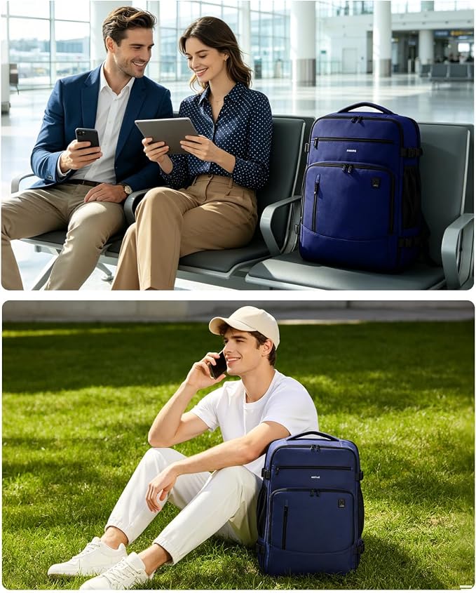 ECOHUB 19" Large Travel Backpack, Carry on Luggage Airline Approved, Water Resistant Rucksacks Fit 15.6" Laptop, AirTag Pocket, Lightweight Casual Daypack, 34L, Blue - Image 8