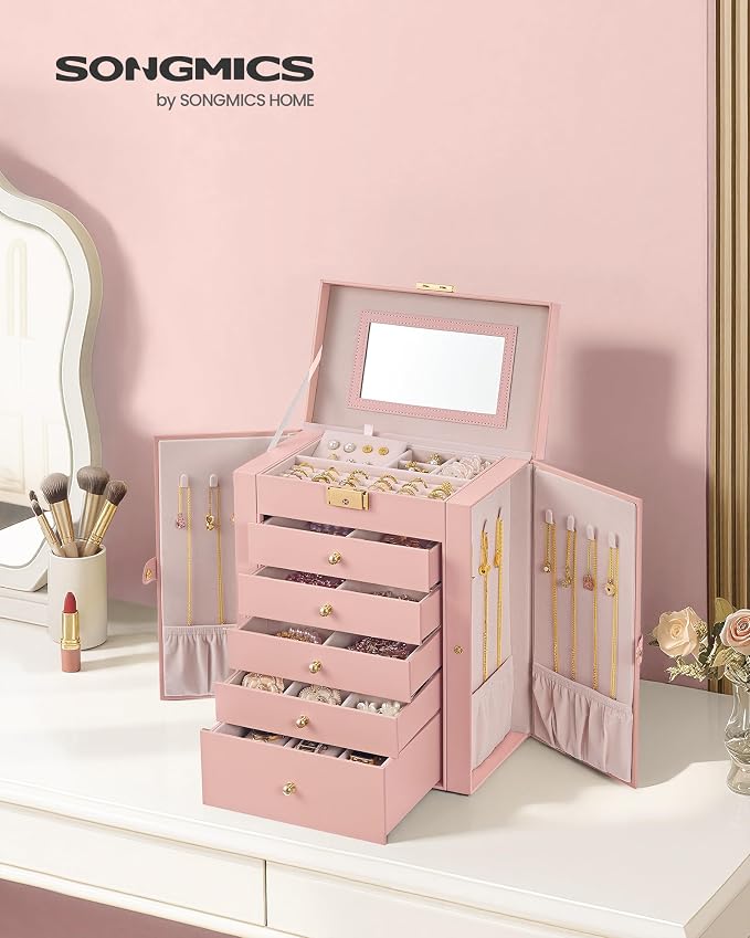 SONGMICS Jewelry Box Organizer, 6-Layer with 5 Drawers, Jelly Pink | Jewelry Storage Case with Lock and Mirror, Large Storage Capacity, for Necklaces, Watches, Gift for Loved Ones UJBC152SA02S - Image 2