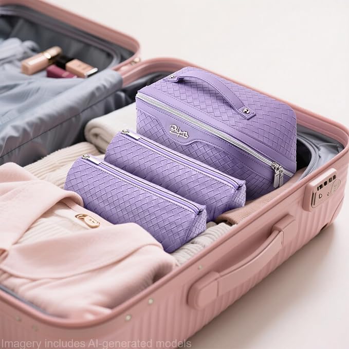 BOYATU Travel Makeup Bag Cosmetic Bags for Women: Large Capacity 3 Pcs Set Make up Bag with Compartments - Waterproof Vegan Leather Toiletry Organizer Bags with Handle (L01 Purple) - Image 9