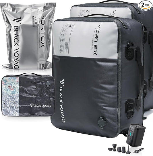 Black Voyage Reusable Vacuum Compression Travel Bag for Carry-On Suitcase and Backpack, Recycled IPX8 Waterproof Space Saver Vacpack (2-Pack, 21L - Pump Included) by BlackVoyage