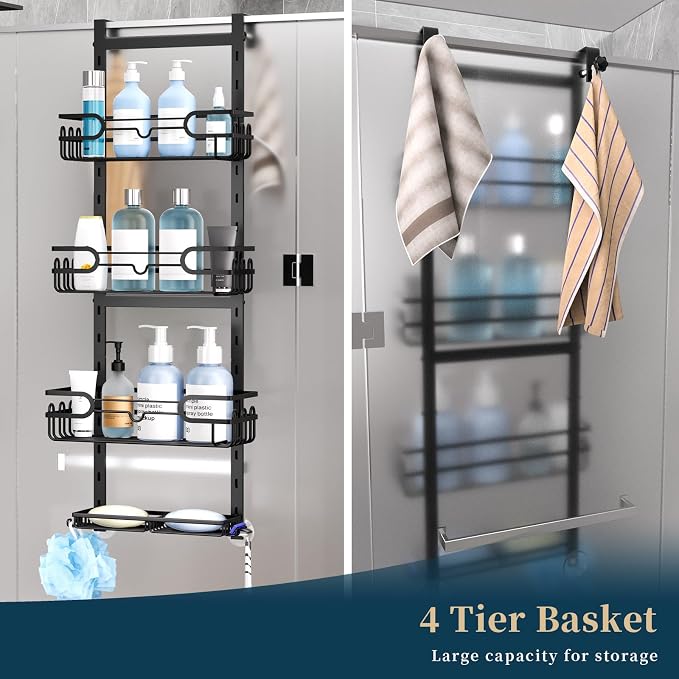 Consumest Over The Door Shower Caddy - 4 Tier Adjustable Hanging Shower Organizer Shelf with 2 Soap Holders & 22 Hooks, Rustproof Easy Installation Hanging Storage Rack for Bathroom, Black - Image 8