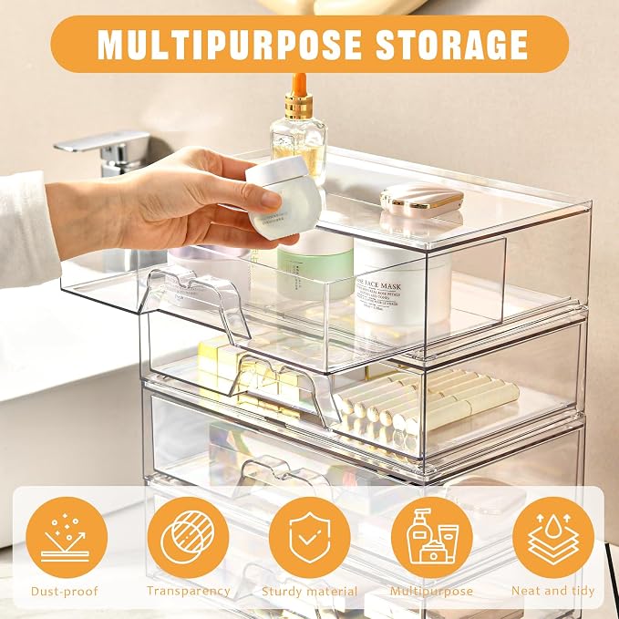 5 Pack Makeup Organizer Stackable, 12.1''L Bathroom Organizer and Storage Acrylic Undersink Drawer Organizer, Cosmetics and Beauty Supplies,Clear Plastic Storage Bins for Vanity,Pantry,Cabinet,Kitchen - Image 4