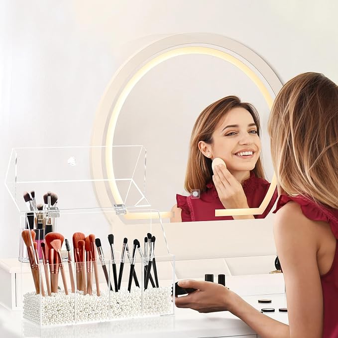 Vevitts Acrylic Makeup Organizer, Clear Cosmetic Brush Storage Box With 4 Brush Holders (Pearl not included),Makeup Brush Holder with Dust Cover, Large-capacity Split Design Organize the Desktop - Image 3