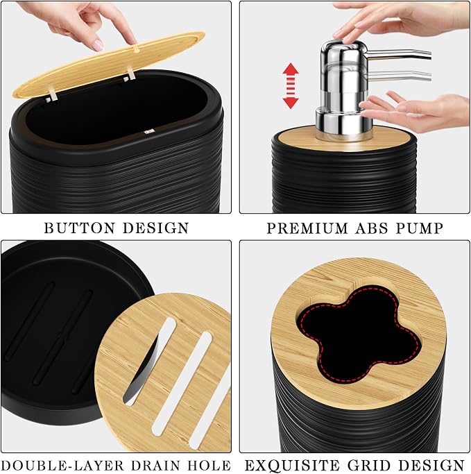 XLHOMO Black Bathroom Set - 10PC Bathroom Accessories Set, Luxury Bathroom Accessory Set with Trash Can,Toilet Brush & 2 PC Soap Dispensers for Apartment Decor and Housewarming - Image 7