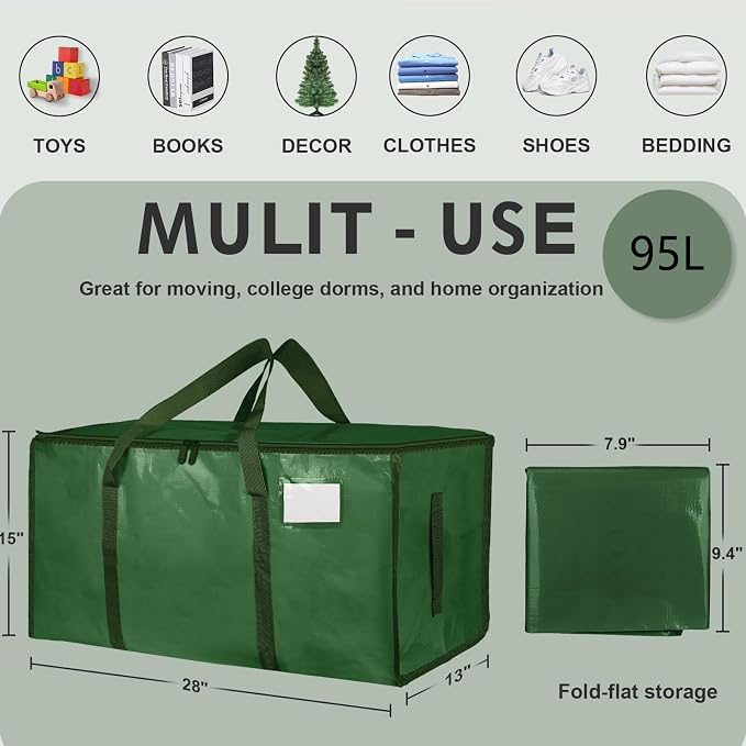 4 Pack-Extra Large Heavy Duty Moving Bags - Waterproof Storage Totes with Handles & Zippers, Foldable for College Dorm, Storage (olive green) - Image 2