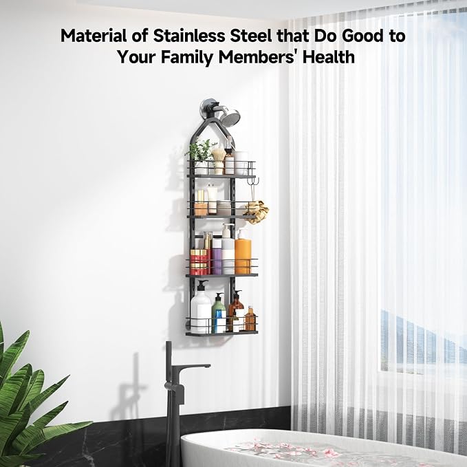 Shower Caddy Hanging (Black), Adjustable Anti-Swing-Over The Shower Head Caddy, 4 Tier Stainless Steel Bathroom Storage Organizer Bathroom Shelves Basket Rack Shower Caddies (4Tier) - Image 3