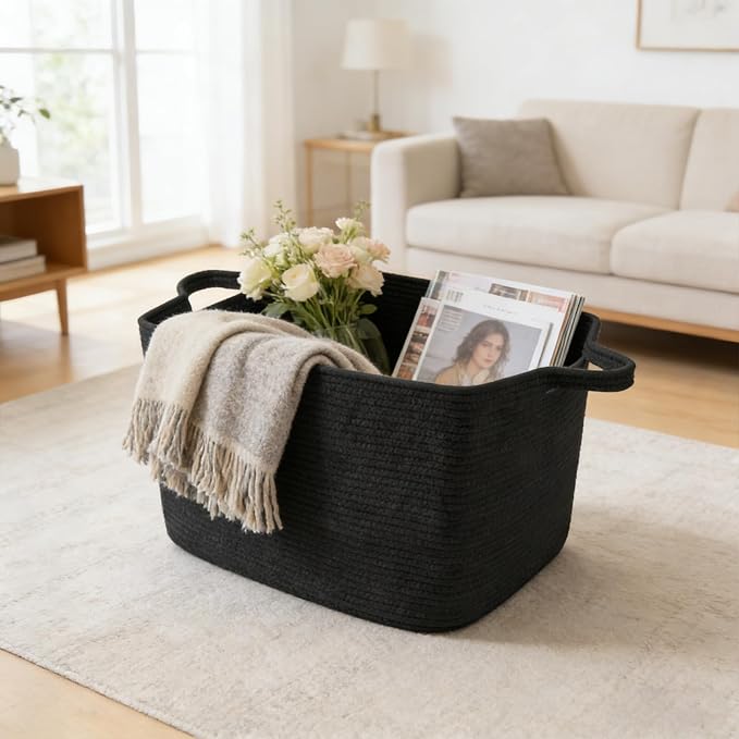 96L Extra Large Black Cotton Rope Laundry Basket with Sturdy Handle | 24x16x15 Foldable Rectangular Blanket Basket for Toys, Clothes & Pillows,Ideal for Nursery, Bathroom, Bedroom, Living Room - Image 4