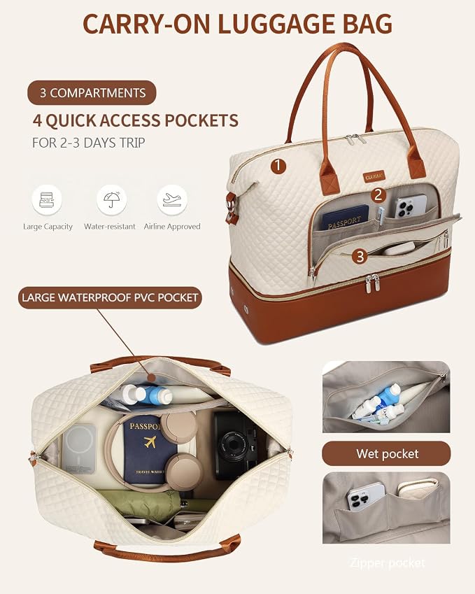 Weekender Bags for Women Travel, Under Seat Carry On Bags for Airplanes Overnight Bag with Shoe Compartment Luggage Sleeve, Foldie Travel Tote Bag Hospital Bag, Travel Gifts, Beige Brown - Image 5