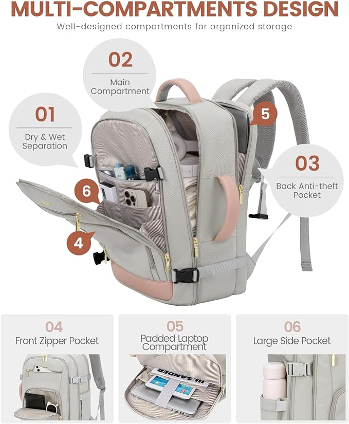 LOVEVOOK Travel Backpack for Women, 40L Carry On Backpack Flight Approved, TSA Personal Item Travel Bag Fits 17 Inch Laptop, Business Weekender Overnight Waterproof Daypack with 2 Cubes, Grey-Pink - Image 5