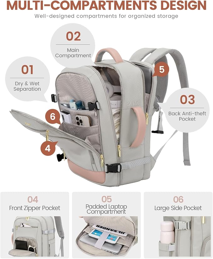LOVEVOOK Large Travel Backpack For Women, 50L Carry On Backpack Flight Approved, TSA Personal Item Bag, Waterproof Laptop Backpack Fits 18 Inch Laptop, Business Weekender Overnight With 3 Cubes, Grey - Image 5
