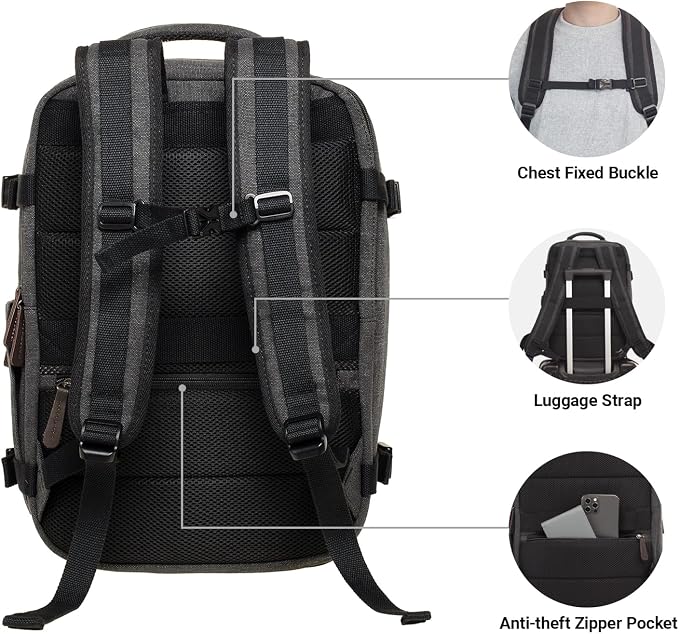 KAUKKO Canvas Travel Backpack, Personal Item Airline Approved, Carry On Backpack with Multi-Pockets and Shoe Pouch, fit 15.6 inch Laptop, 40L Weekender Bag, 11-BLACK - Image 5