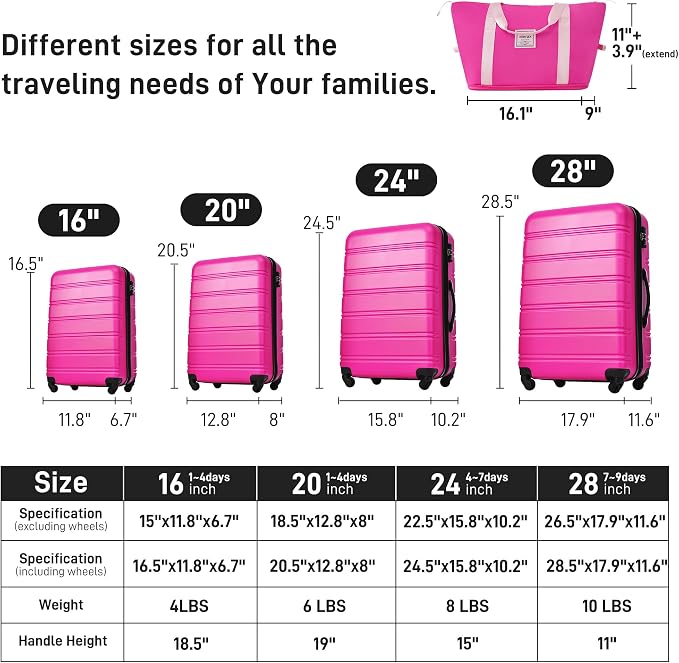 Merax Luggage Sets 13 Piece Suitcase Set 16/20/24/28 IN,Carry on Luggage and Travel Bag TSA Lock Expandable,Hard Case Luggage with Spinner Wheels,Pink - Image 2