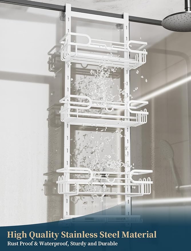 Consumest Over The Door Shower Caddy - 4 Tier Adjustable Hanging Shower Organizer Shelf with 2 Soap Holders & 22 Hooks, Rustproof Easy Installation Hanging Storage Rack for Bathroom, White - Image 5