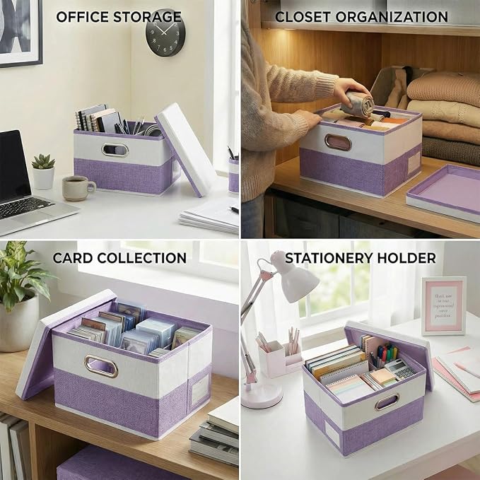 PRANDOM Storage Bins with Lids [3-Pack] Linen Fabric Foldable Storage Boxes Organizer Containers Baskets Cube with Cover for Bedroom Closet Office Purple&White（11.4X8.6X6.7 - Image 7
