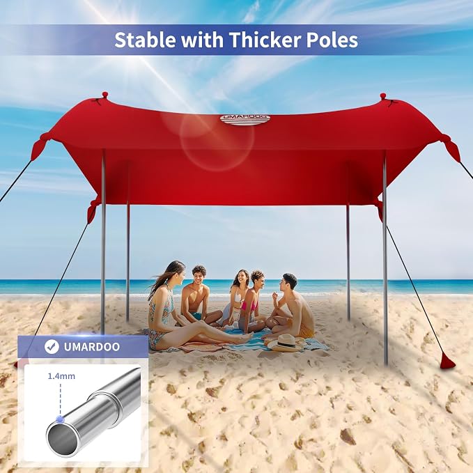 UMARDOO Family Beach Tent Canopy Sun Shade Portable, Large Compact Beach Sun Shelter Easy Setup with Packable Bag for Outdoor Travel (Red, 12X12 FT.) - Image 2
