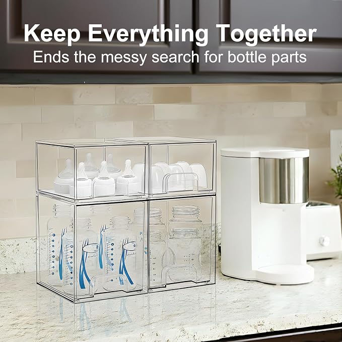 Baby Bottle Storage Organizer: Clear Stackable Storage Drawers, Acrylic Bottles Station Organizer Container for Countertop, Vanity, Bathroom, Cabinet Organization - 4 Pack - Image 3